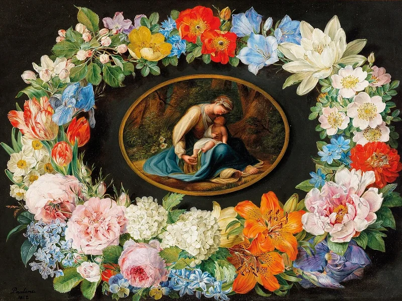 1806-Pauline Freiin von Koudelka - Madonna con Bambino circondata da una ghirlanda di fiori, 1832